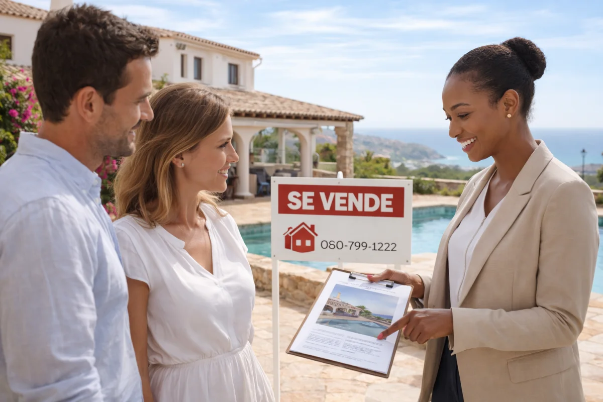 Real estate agent presenting property details to a couple at a Mediterranean villa featuring a pool, sea views, and a For Sale sign.