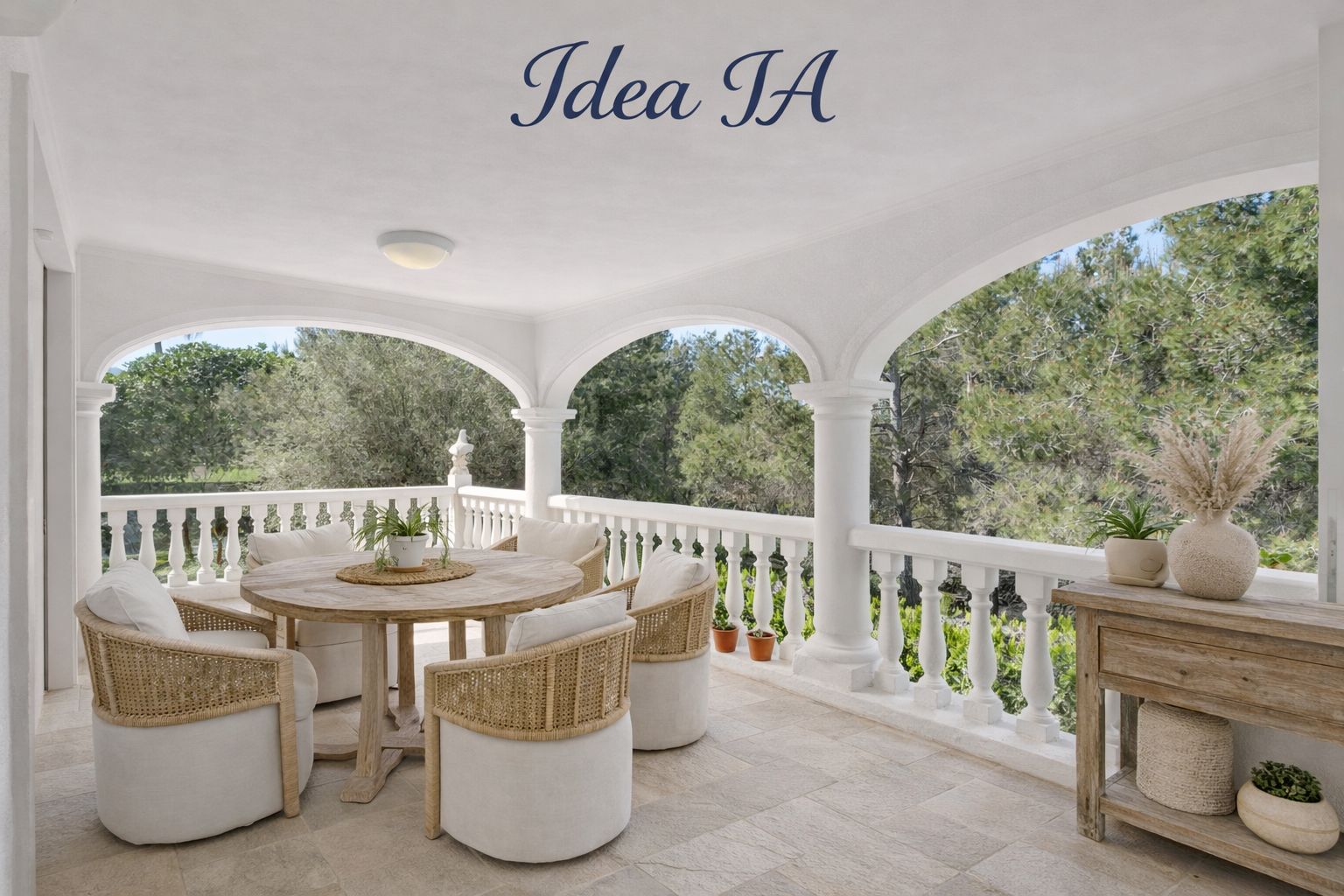 Covered terrace featuring arched columns, a white balustrade, and a wooden dining set, offering open views of the surrounding pine trees and nature.