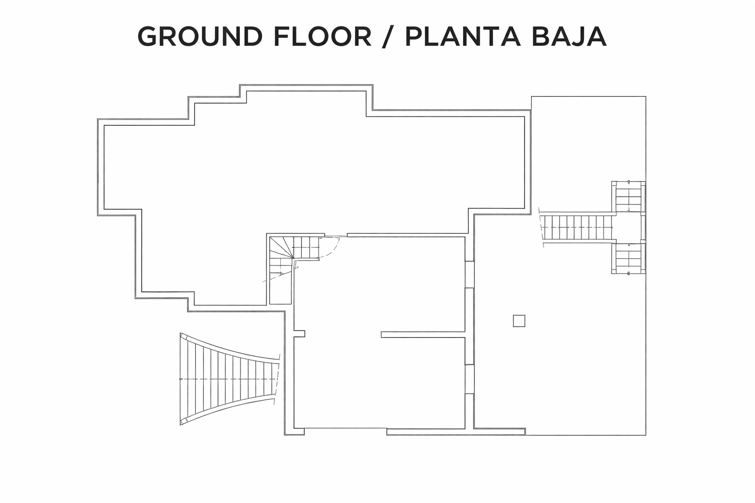 Detailed architectural floor plan of the ground floor illustrating the interior layout, access points, and staircase positioning.
