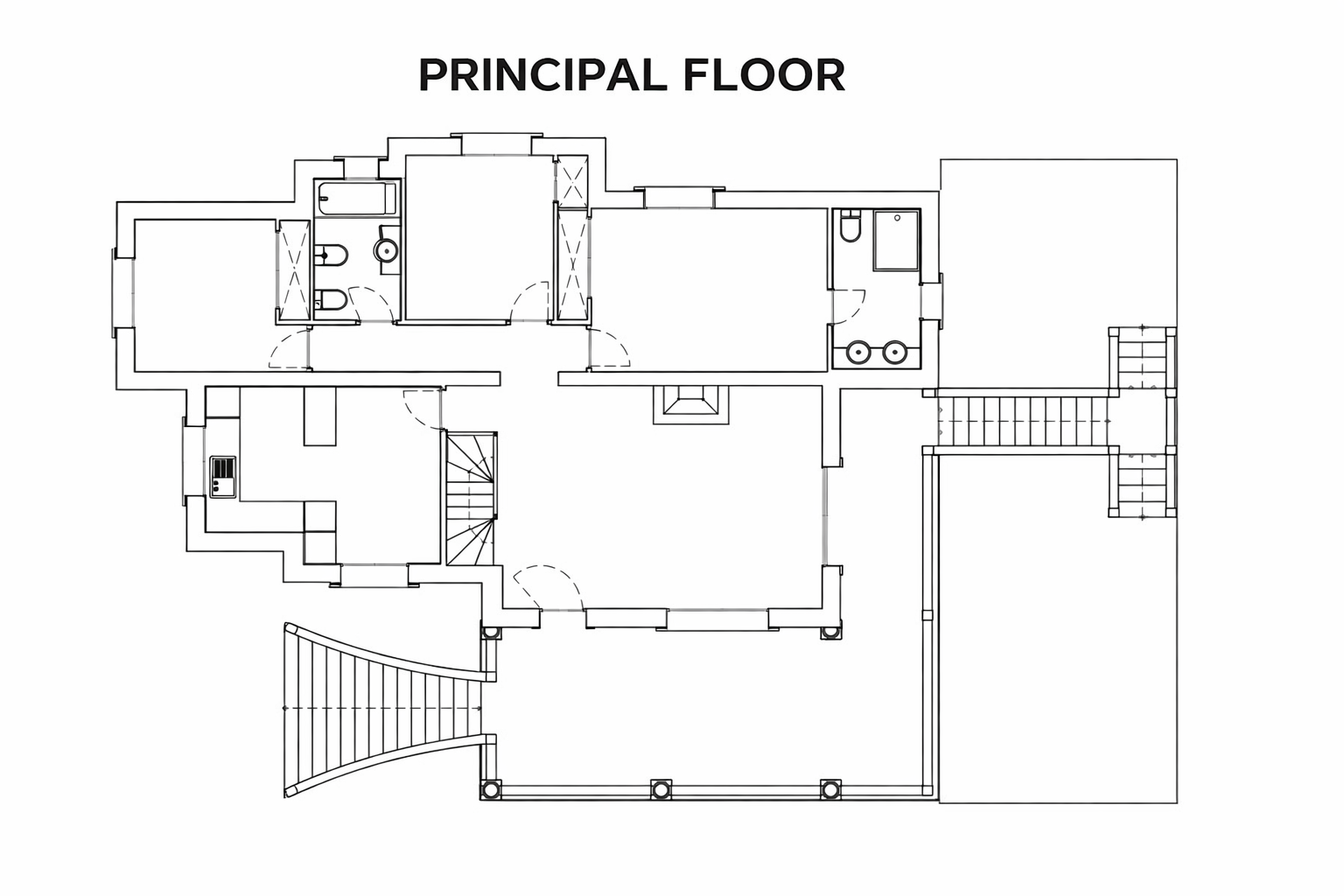 Detailed floor plan of the principal floor illustrating the layout of bedrooms, bathrooms, kitchen, and the spacious living area with a central fireplace.