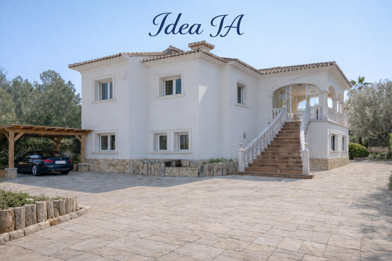 Main facade of the villa featuring a grand staircase with balustrades, an arched terrace, and a spacious stone-paved driveway with a wooden carport.