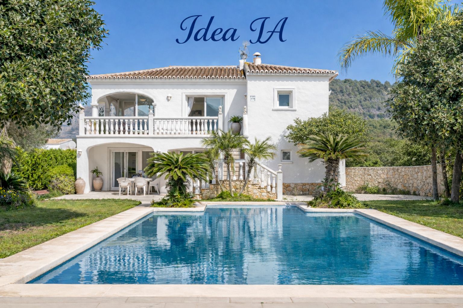 Mediterranean-style white villa featuring a large swimming pool, landscaped gardens with palm trees, and scenic mountain views.