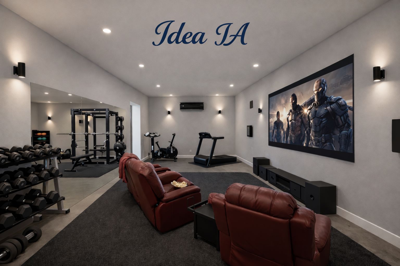 Multi-functional space featuring a home cinema with leather recliners and a professional gym area equipped with weights, treadmill, and stationary bike.
