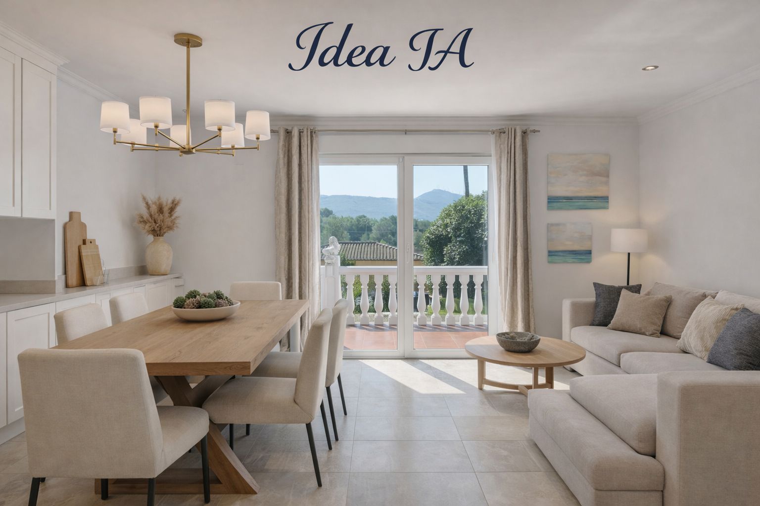 Open-plan living and dining area featuring a wooden table, brass chandelier, and sliding glass doors opening to a terrace with scenic mountain views.