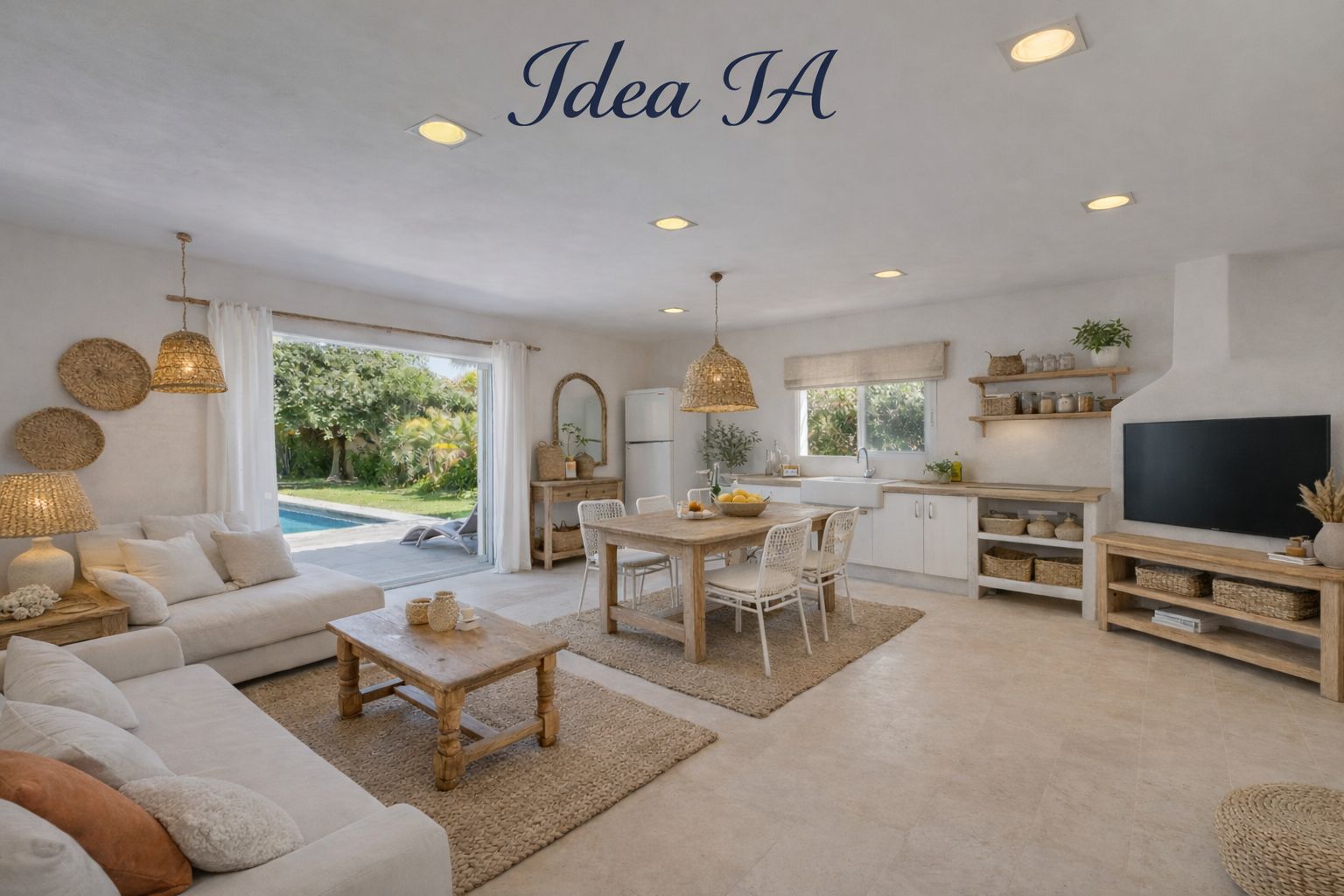 Open-plan Mediterranean living area featuring natural wood furniture and jute rugs. Large sliding doors provide seamless access to the swimming pool and lush garden.