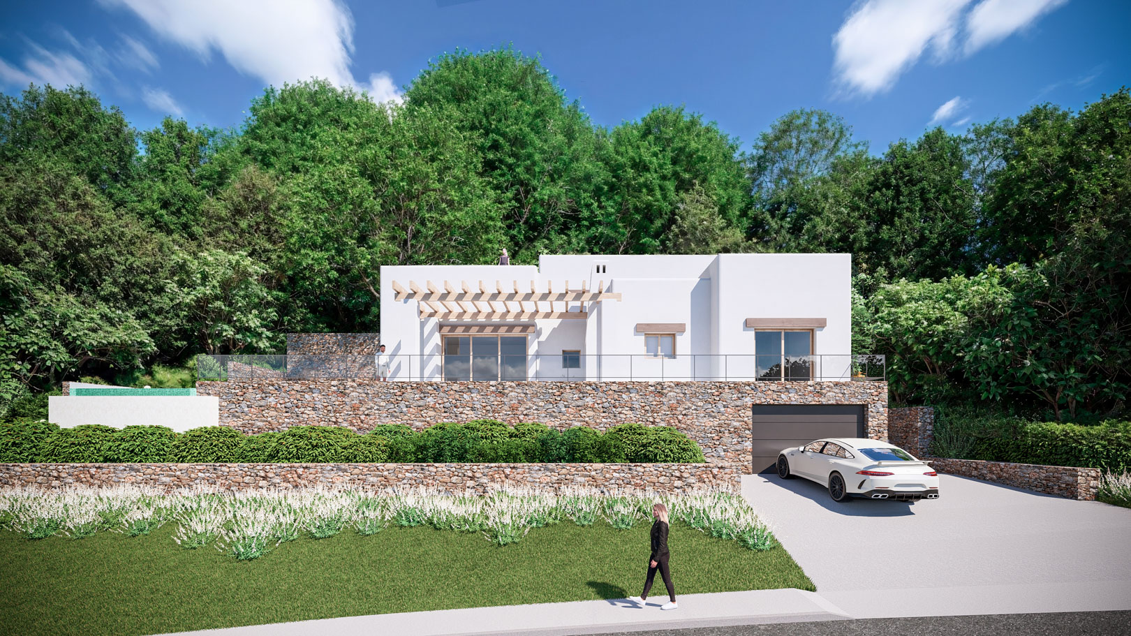 Exterior facade of an Ibicenco-style villa featuring natural stone walls, a wooden pergola, and large windows, set against a lush forest backdrop with a private garage.