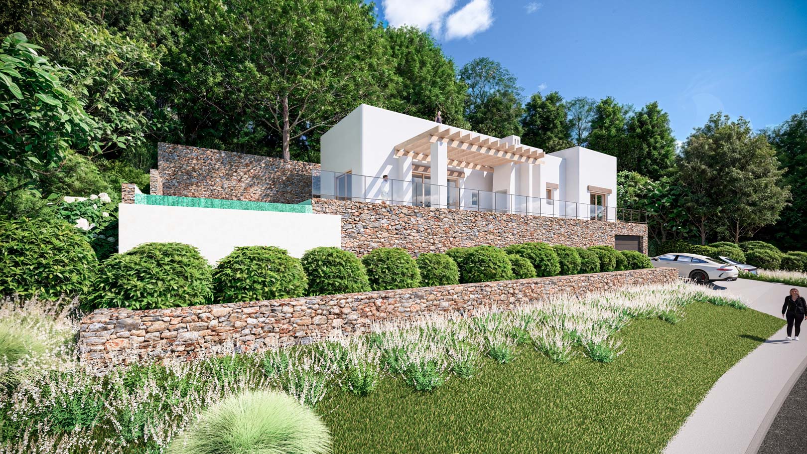 Exterior view featuring natural stone walls, a wooden pergola, and an infinity pool integrated into the landscaped hillside setting.