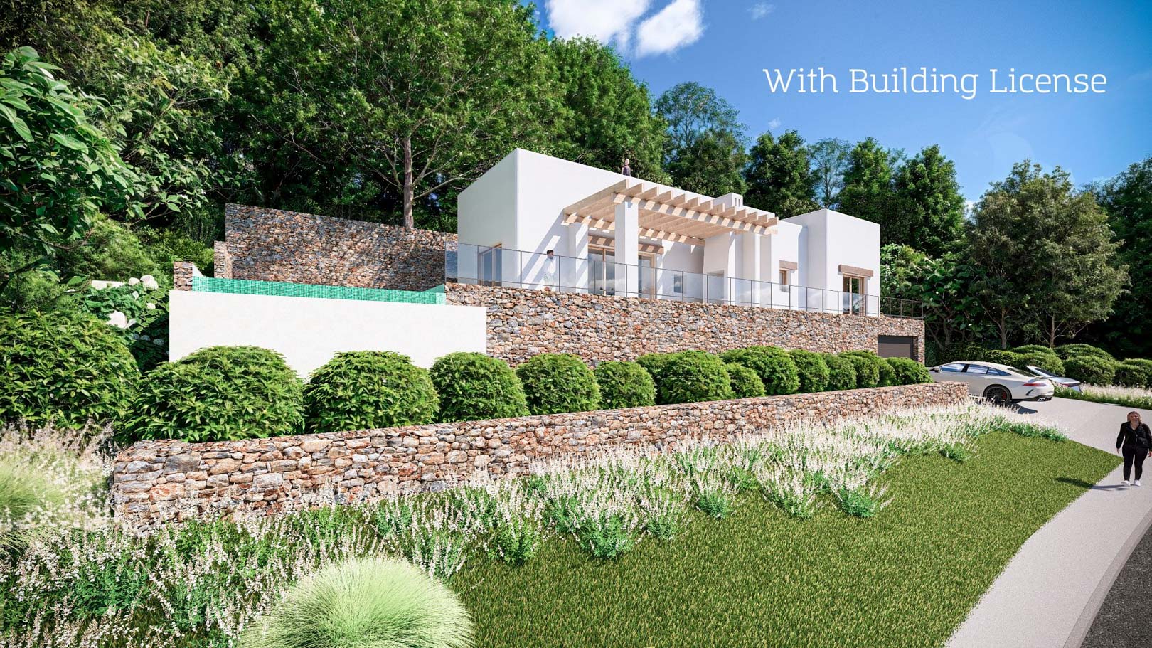 Exterior view of an Ibizan-style villa featuring natural stone retaining walls, a wooden pergola, and an elevated pool area set against a lush forest backdrop.
