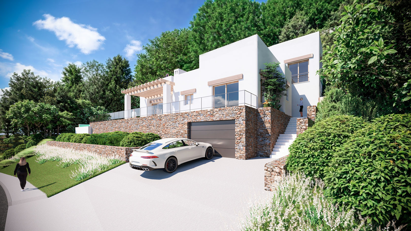 Ibicencan-style exterior featuring natural stone walls, an integrated garage, and an upper terrace with a wooden pergola and glass railings.