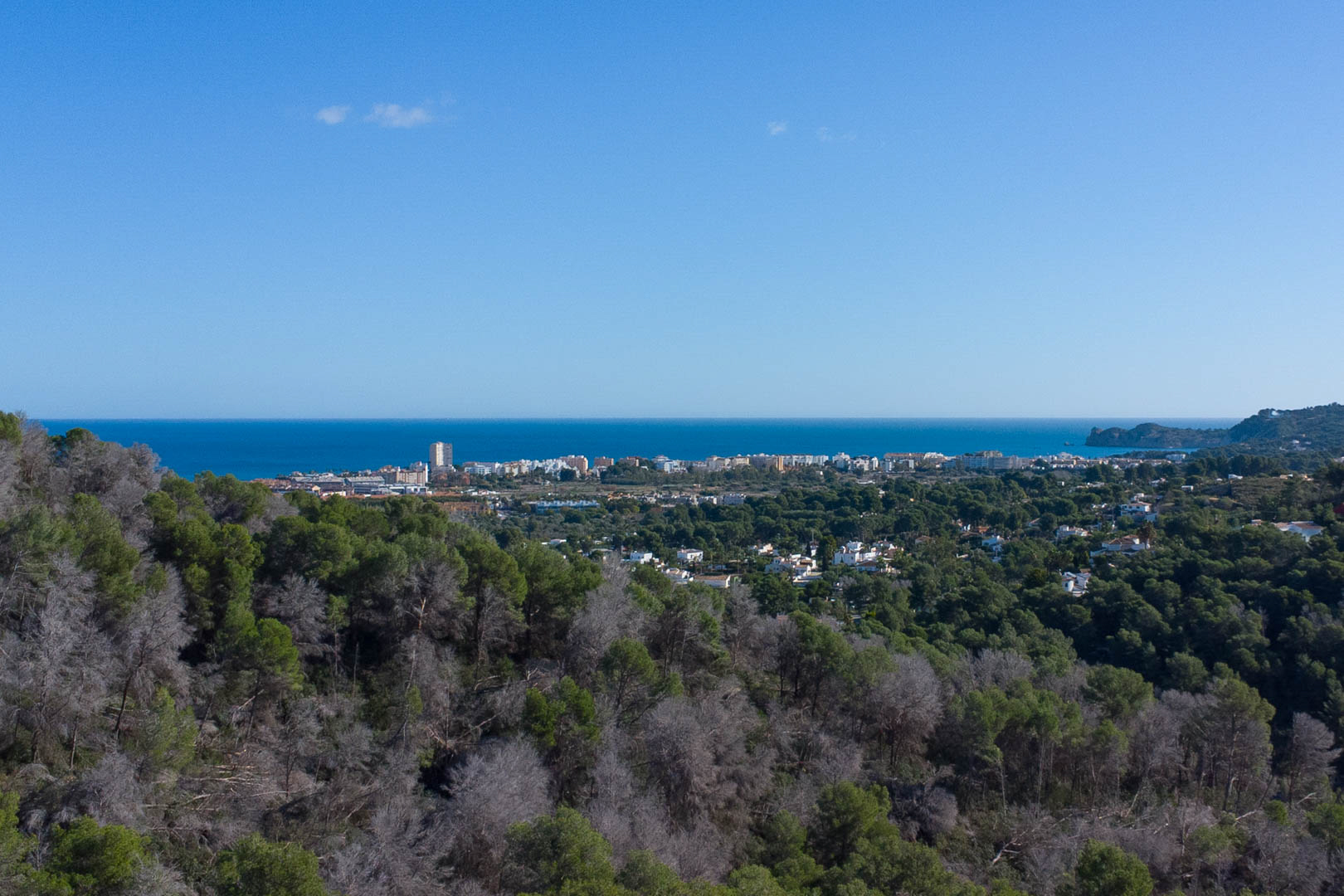 Panoramic views from the property overlooking the Mediterranean Sea and the coastal town, framed by a dense pine forest under a clear blue sky.