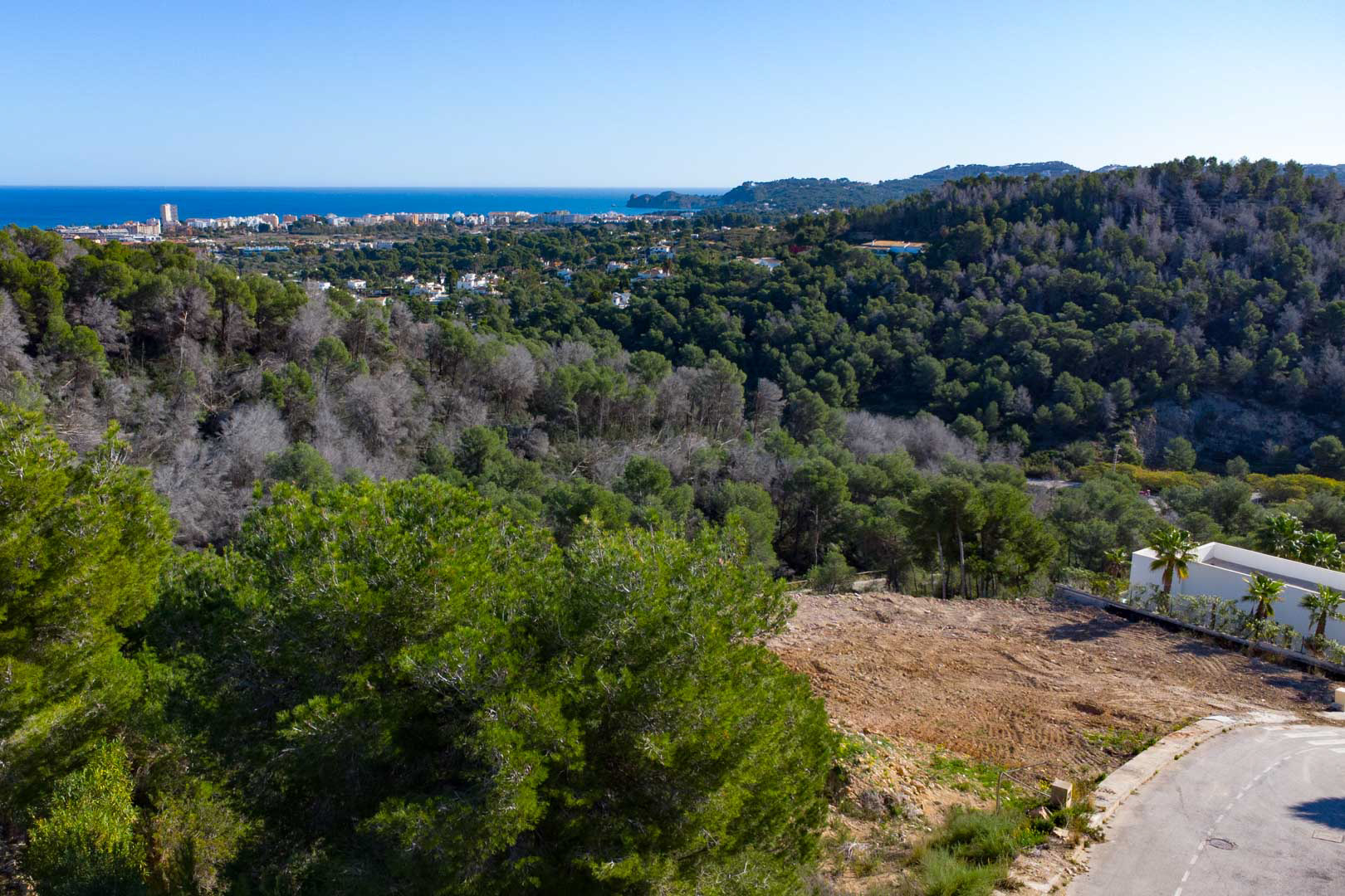 Panoramic views of the Mediterranean Sea and surrounding pine forest from the property's elevated position, overlooking the coastal skyline.