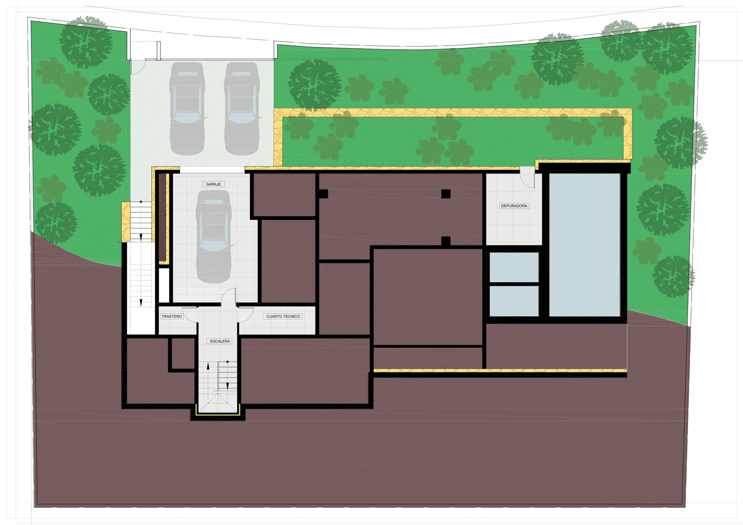 Technical floor plan of the basement level featuring the garage, storage room, technical room, and pool filtration area alongside landscaped gardens.