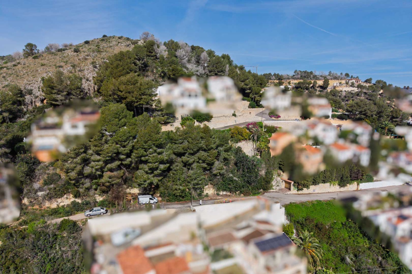 Elevated view of the forested hillside in Sol de Este, featuring Mediterranean villas nestled among pine trees and paved access roads with stone retaining walls.