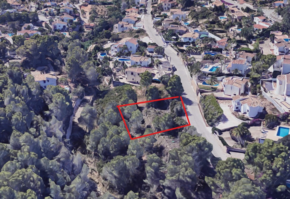 Aerial view of the 826 m2 plot outlined in red, featuring a sloped terrain with mature trees and direct access from a paved residential street.