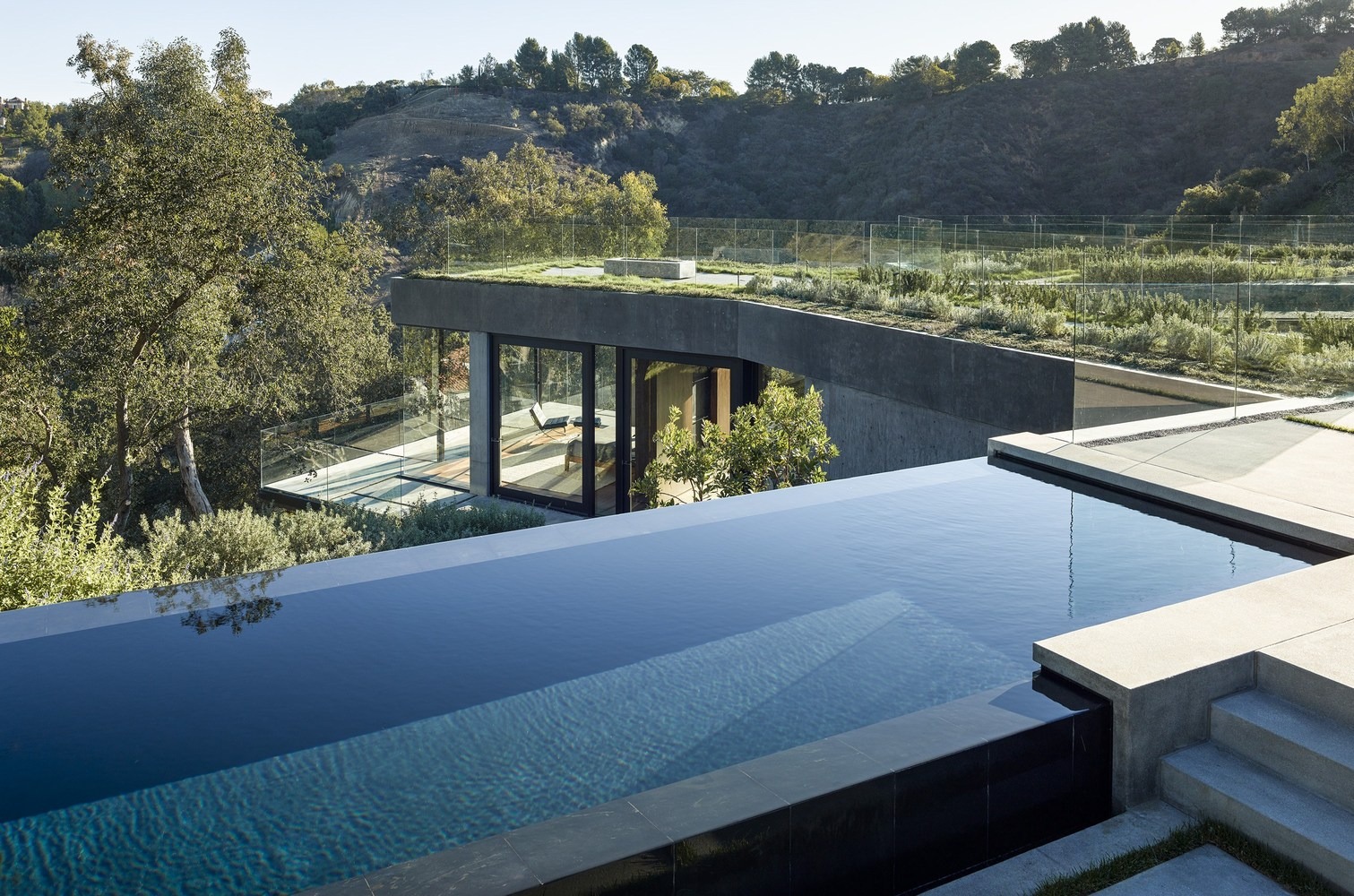 Modern infinity pool with dark tiling set against a concrete architectural structure featuring a green roof and floor-to-ceiling glass walls.