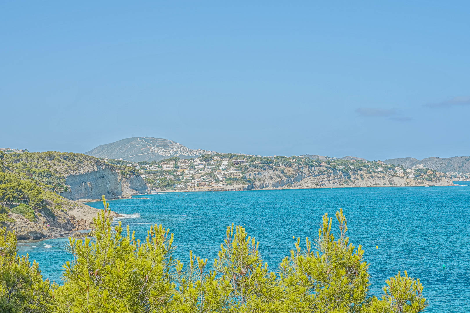Panoramic view of the Benissa coastline featuring Mediterranean pines in the foreground and residential cliffs overlooking the turquoise Mediterranean Sea.