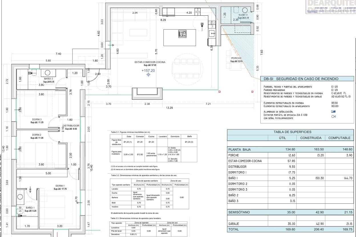 Detailed architectural floor plan of the ground floor showing the layout of three bedrooms, three bathrooms, and a spacious open-plan living and kitchen area.