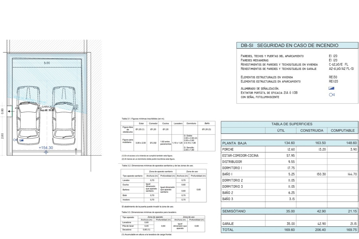 Detailed technical floor plan showing the double garage layout and a surface area table specifying room dimensions and fire safety regulations for the villa.