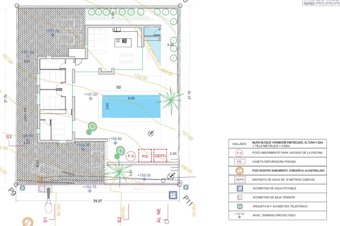 Detailed technical site plan illustrating the L-shaped villa layout, 9x3.5m swimming pool, three-bedroom distribution, and plot infrastructure.