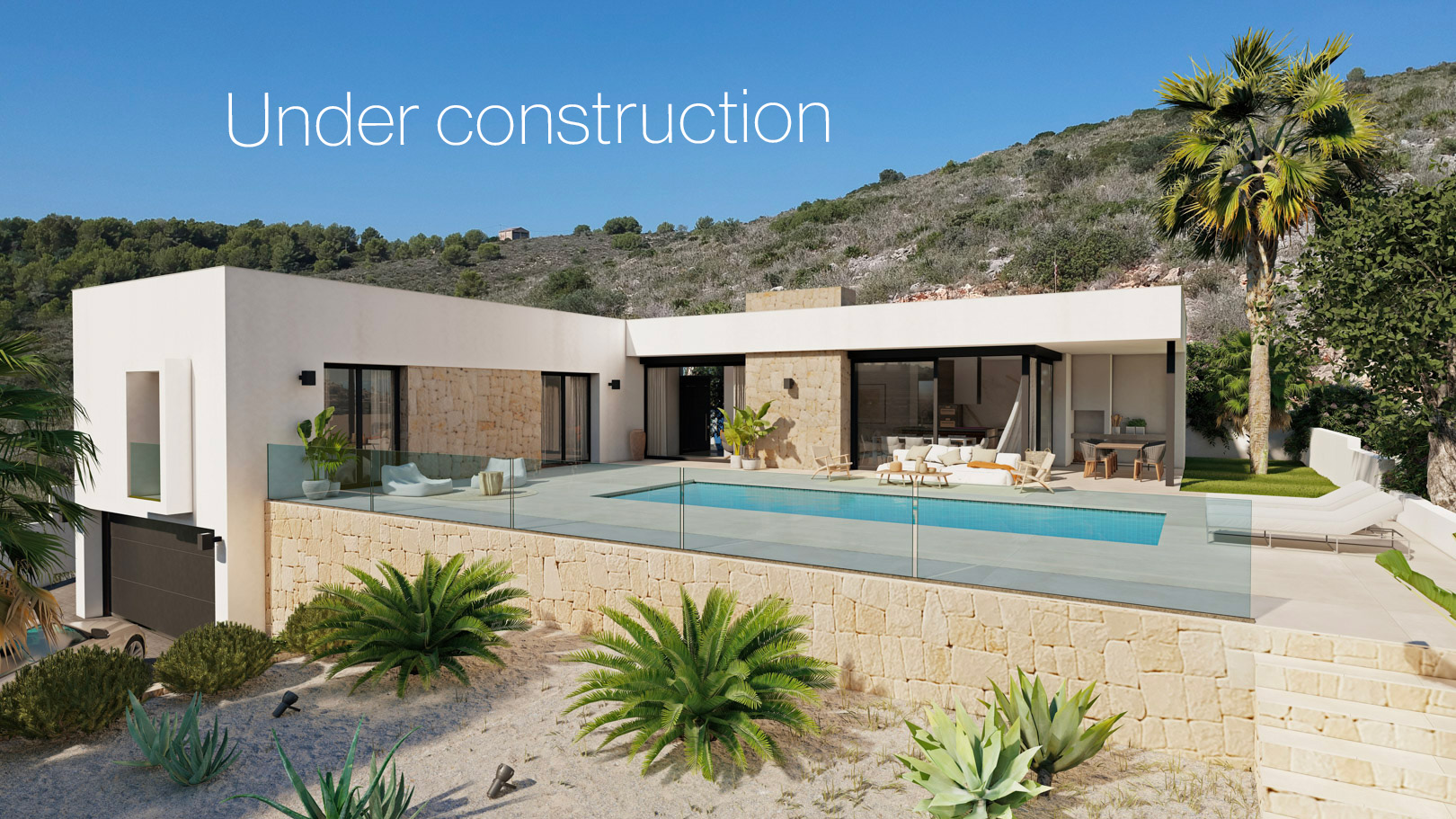 Exterior of a modern villa featuring natural stone walls, a large terrace with a rectangular pool, glass railings, and Mediterranean landscaping on a hillside.