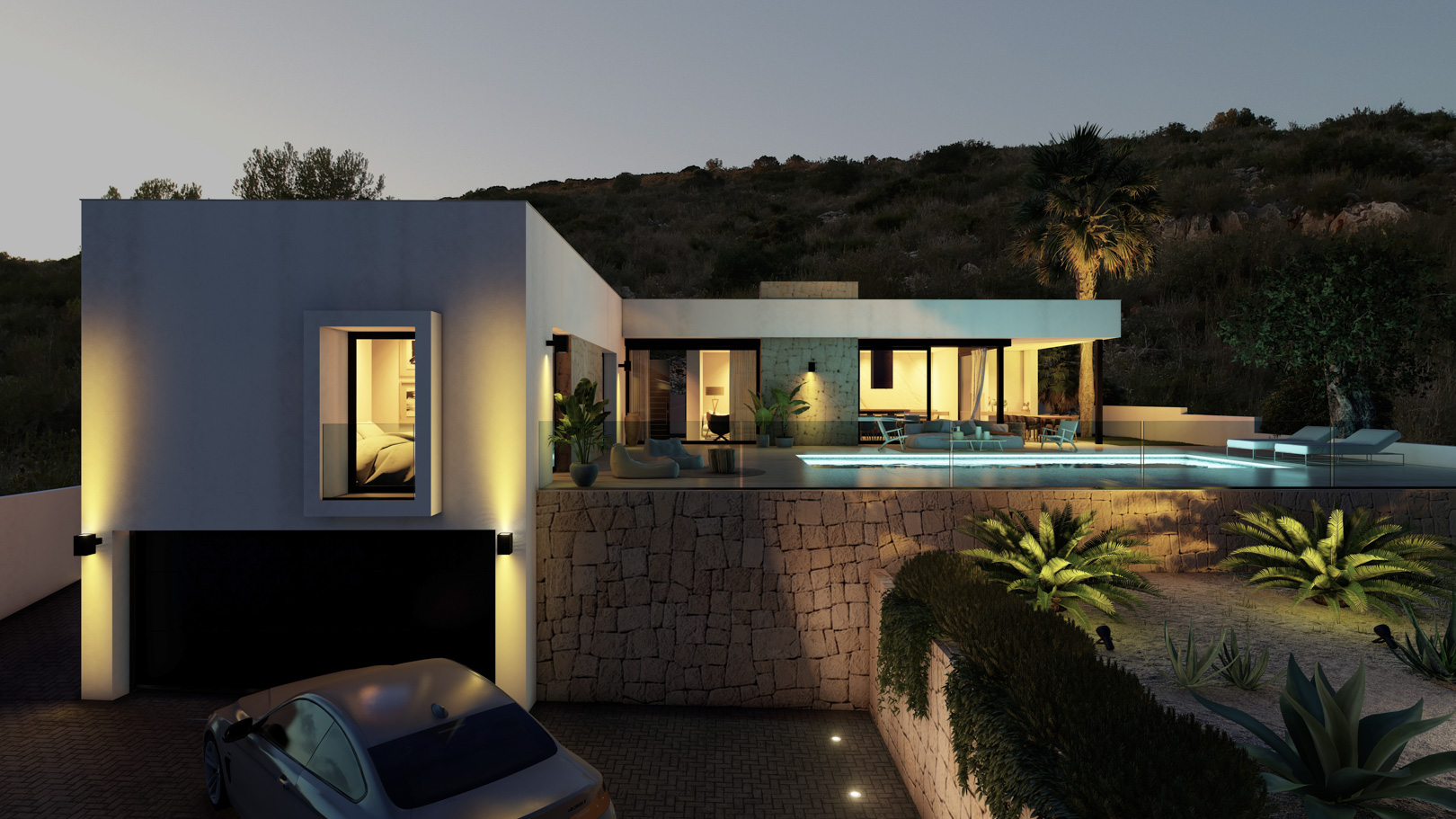 Exterior view of a modern villa at dusk, featuring an infinity pool, natural stone walls, and integrated garage. Recessed lighting accents the terrace and Mediterranean garden.