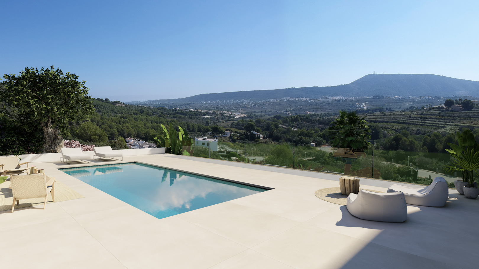 Outdoor terrace featuring a rectangular pool, light stone tiling, and a glass balustrade overlooking the Pedreguer valley and surrounding mountain landscape.