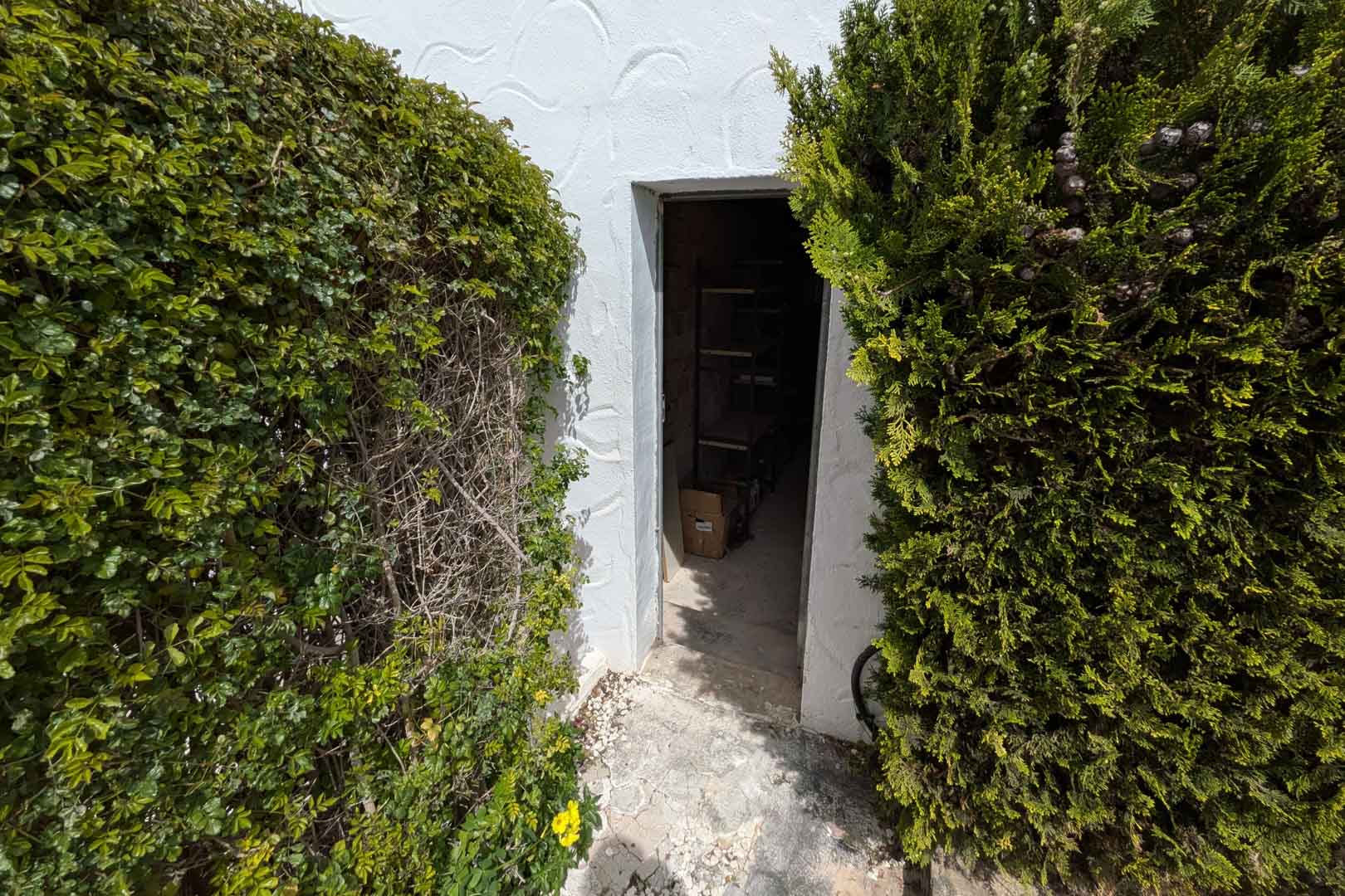 Entrance to an independent outdoor storage room framed by mature hedges. The interior includes metal shelving units for organized storage.