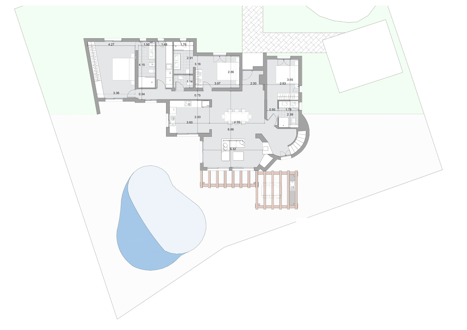 Detailed architectural floor plan showing the main level layout with en-suite bedrooms, open-plan living space, and the outdoor terrace with a private pool.