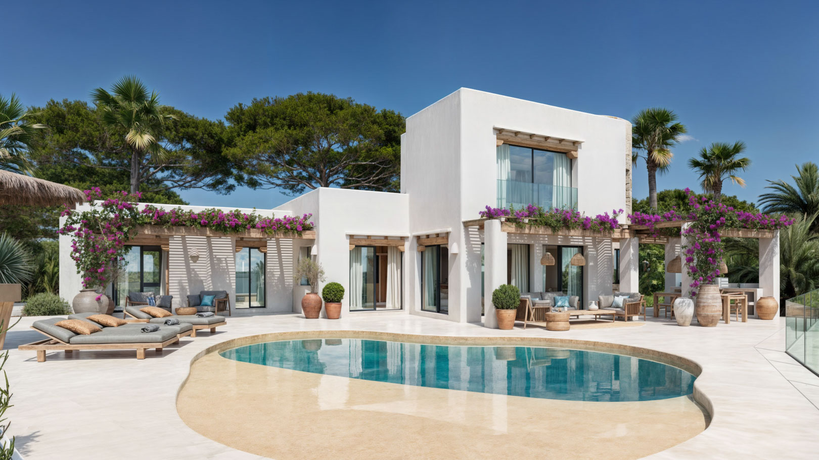 Ibicencan-style villa exterior featuring an organic-shaped pool, wooden pergolas with bougainvillea, and spacious stone terraces integrated with Mediterranean nature.