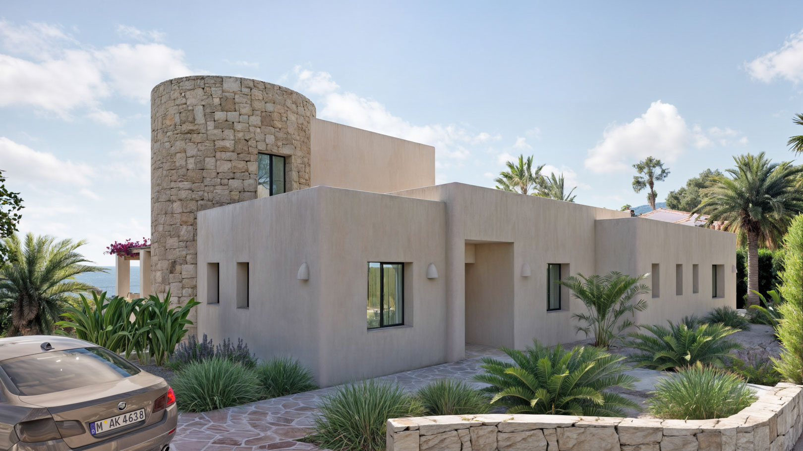 Ibizan-style exterior featuring a cylindrical natural stone tower, smooth beige facades, and a stone-paved entrance surrounded by Mediterranean landscaping.