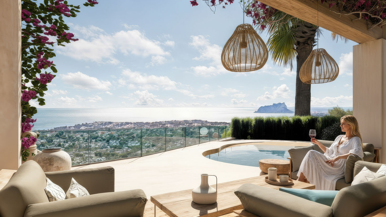 Outdoor terrace featuring an organic-shaped pool, lounge area, and panoramic sea views towards the Peñón de Ifach, styled with wooden beams and natural fiber lamps.