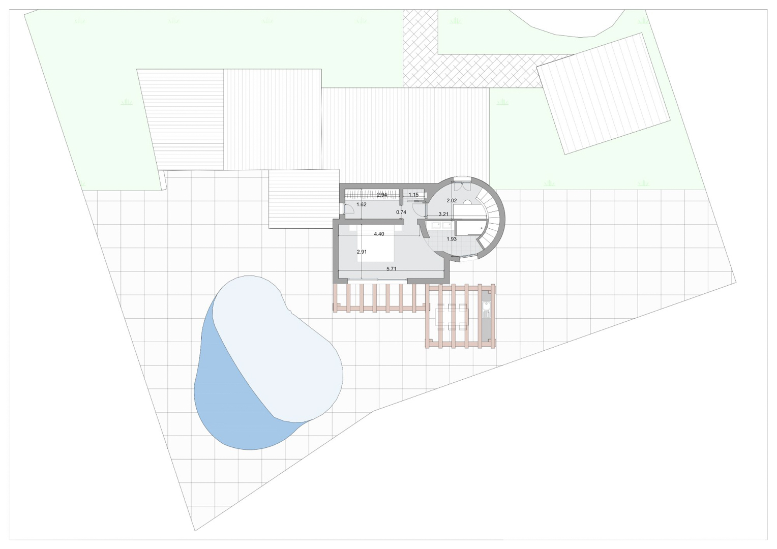 Technical floor plan detailing the master bedroom, en-suite bathroom, circular staircase, and expansive outdoor area with a pool and pergola.