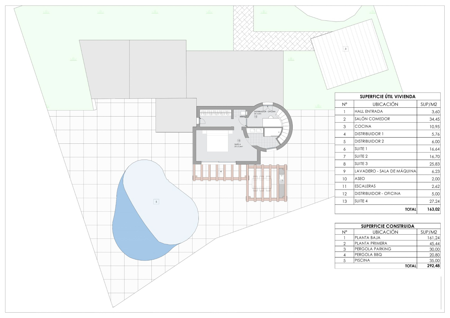 Technical floor plan detailing the upper suite layout, the 35sqm swimming pool area, and a comprehensive table of useful and built surfaces.