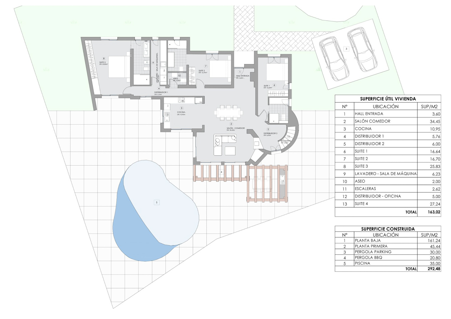 Technical floor plan of the ground level detailing three en-suite bedrooms, living-dining area, kitchen, and outdoor terrace with a 35 sqm pool and parking pergola.