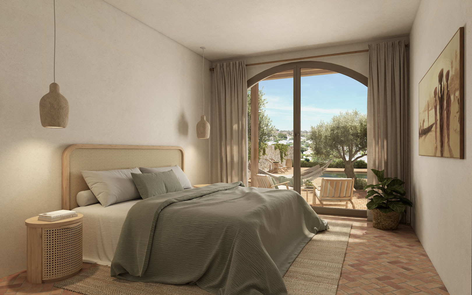 Bedroom featuring terracotta herringbone flooring, a rattan headboard, and arched glass doors opening onto a private terrace with garden and pool views.