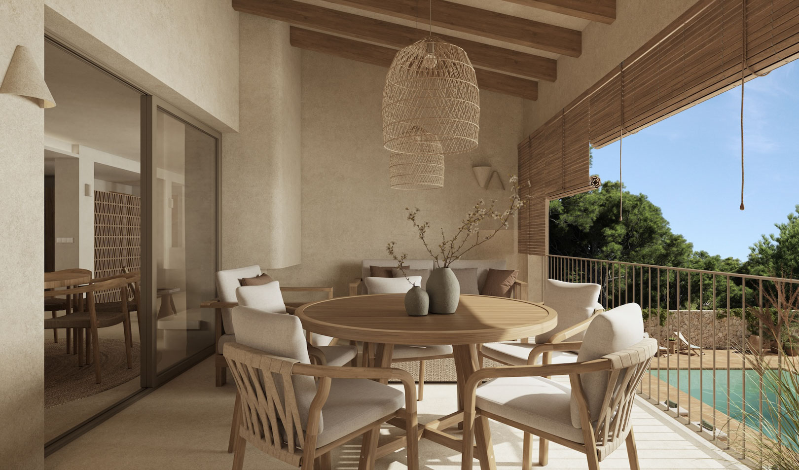 Covered terrace featuring exposed wooden beams, a circular dining set, and natural fiber pendant lights overlooking the pool and Mediterranean pine trees.