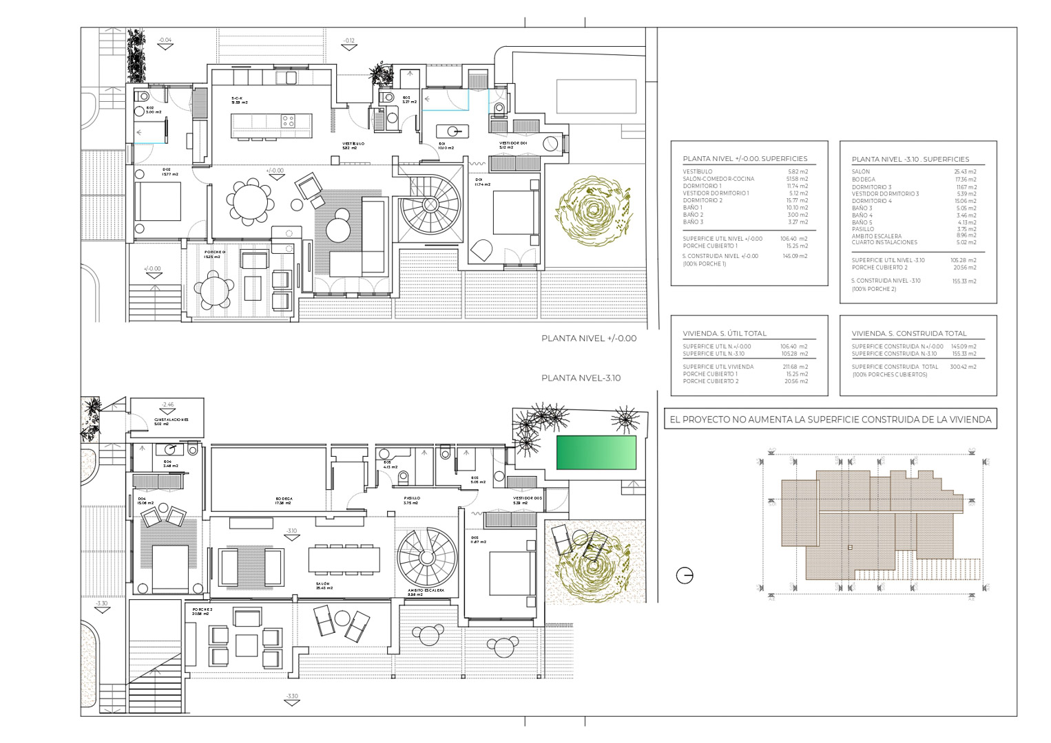 Detailed architectural floor plans illustrating the two-level layout, featuring open-plan living areas, en-suite bedrooms, a spiral staircase, and outdoor terraces.
