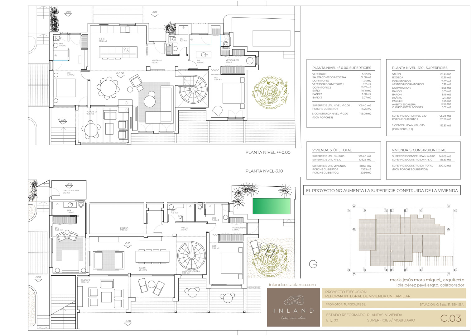 Detailed architectural floor plans showing the two-level layout, featuring a central spiral staircase, open-plan living areas, and bedroom suites with walk-in closets.