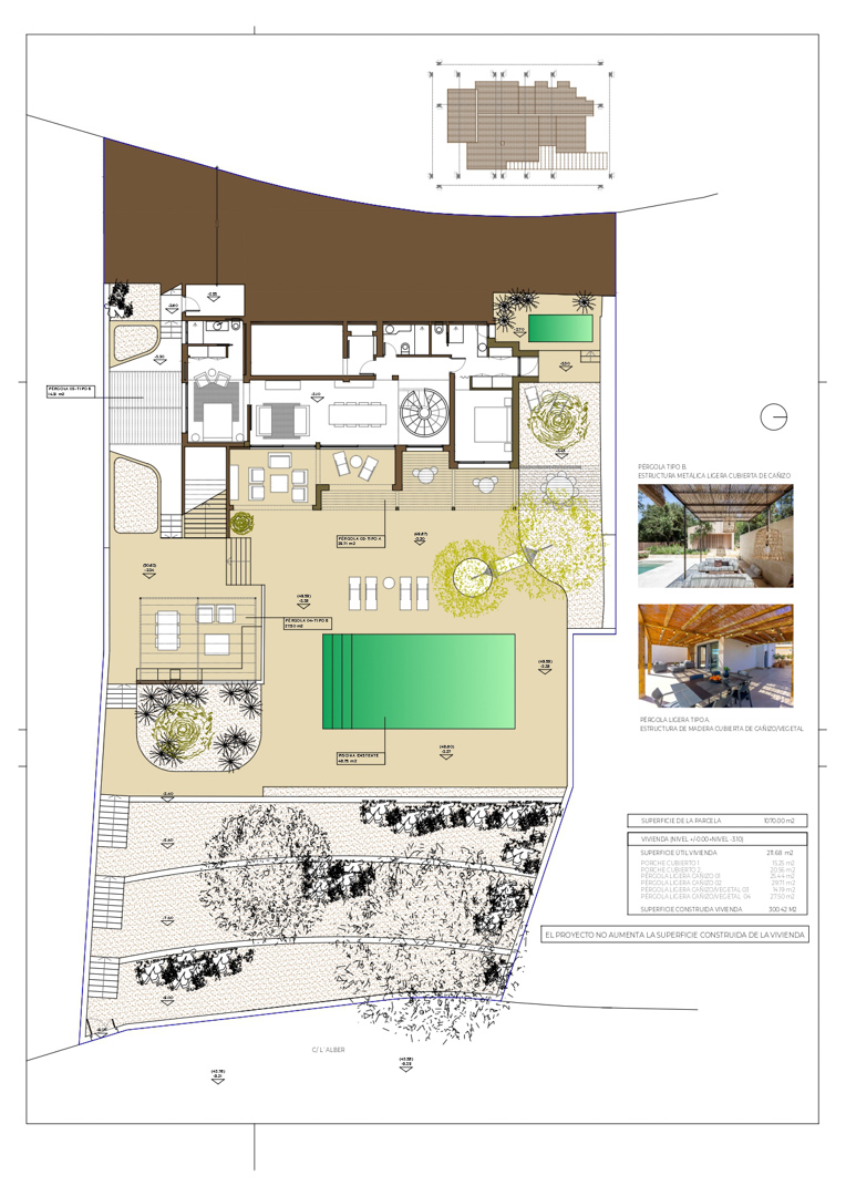 Detailed architectural site plan illustrating the villa's layout, including the open-plan living areas, swimming pool, and landscaped gardens with various pergola structures.