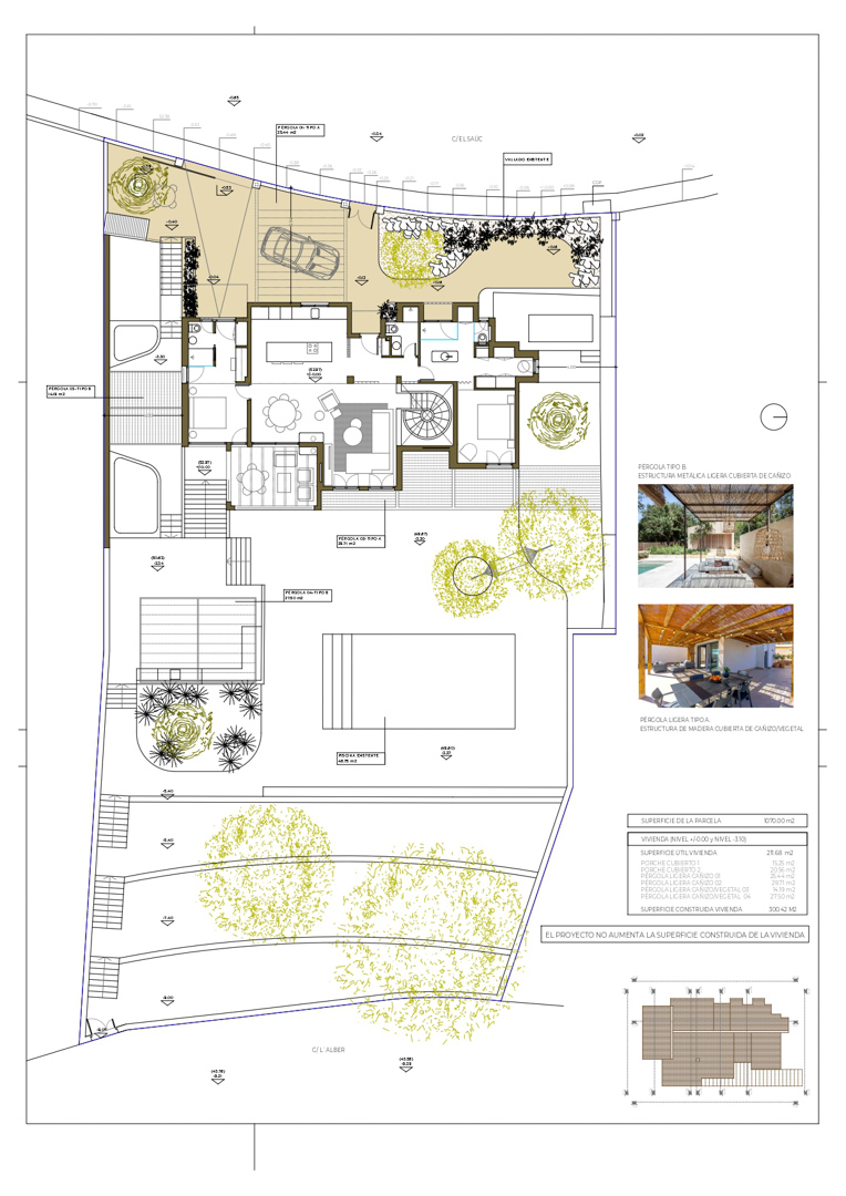 Detailed architectural site plan showing the villa's layout, central swimming pool, and landscaped gardens across a 1070 sqm plot with integrated pergola zones.