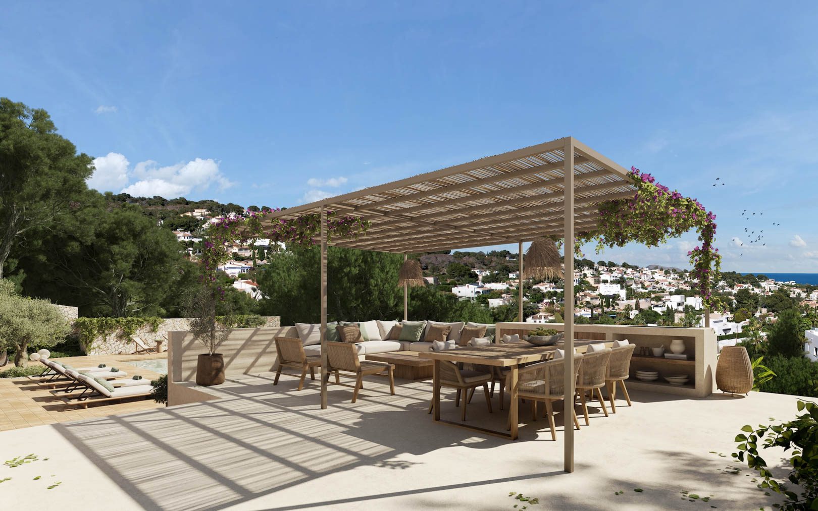 Elevated terrace with a timber pergola and bougainvillea, featuring an outdoor dining set and lounge area with panoramic Mediterranean sea views.