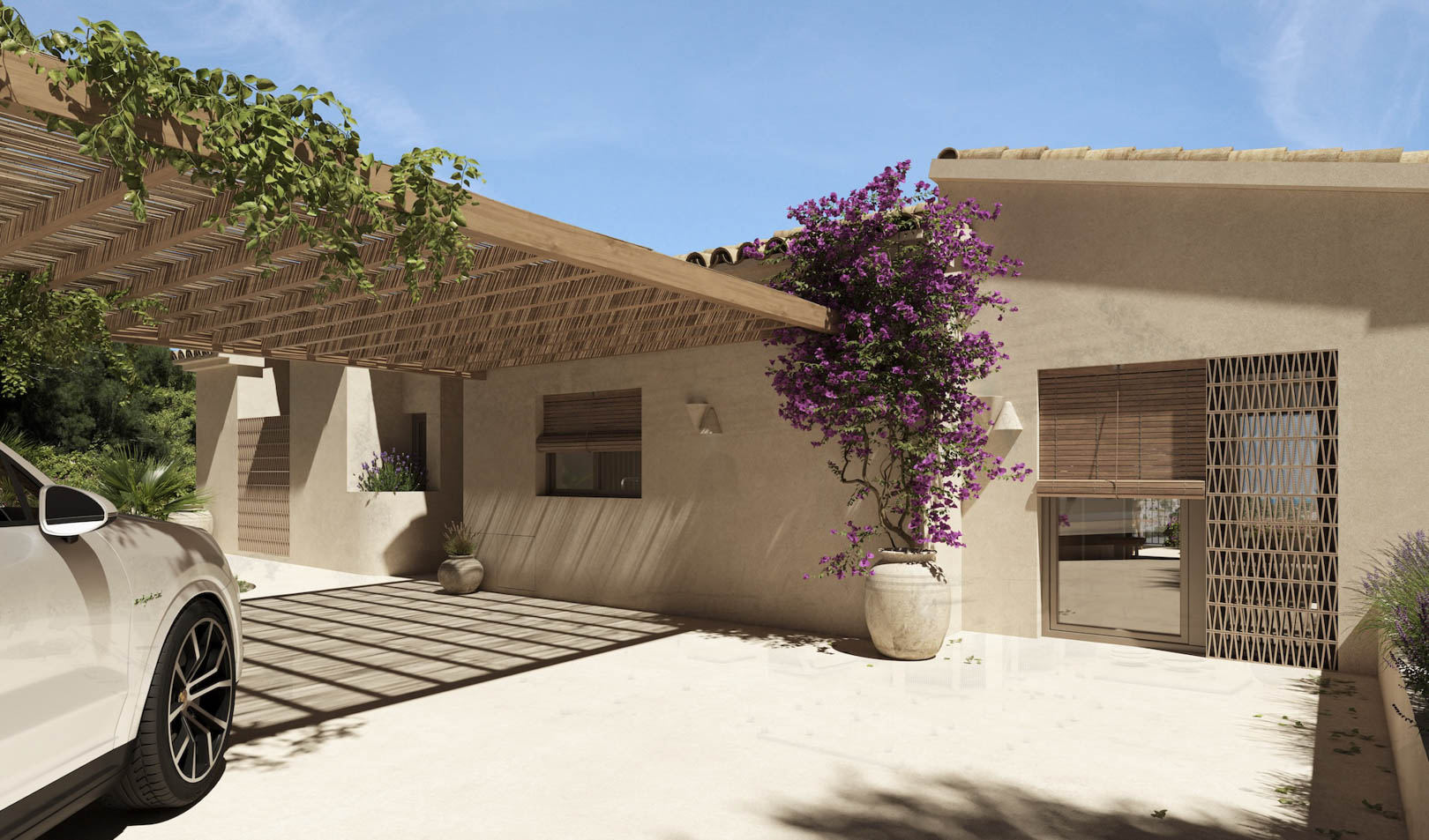 Exterior parking area featuring a timber and reed pergola, textured Mediterranean facade, wooden shutters, and a vibrant bougainvillea accent in a stone planter.