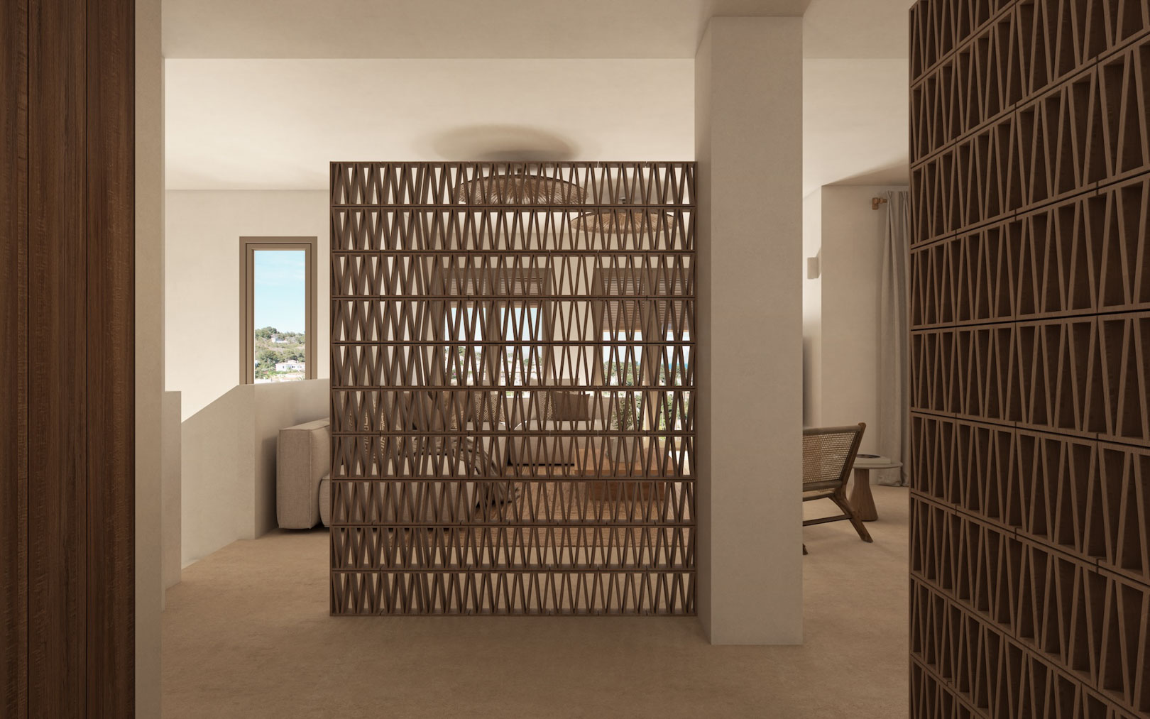 Geometric terracotta lattice screens serve as architectural room dividers, separating the living areas while maintaining a sense of light and Mediterranean flow.