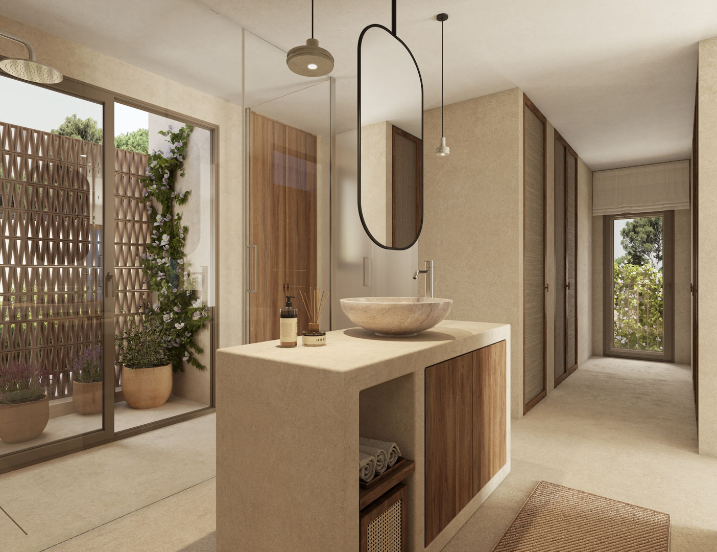 Master bathroom featuring a natural stone basin on a wooden vanity, suspended mirror, and direct access to a private patio with decorative screening.