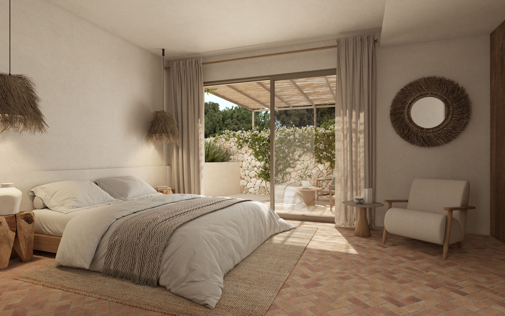 Mediterranean bedroom featuring herringbone terracotta floors, natural fiber lamps, and large glass doors opening to a private terrace with a wooden pergola.