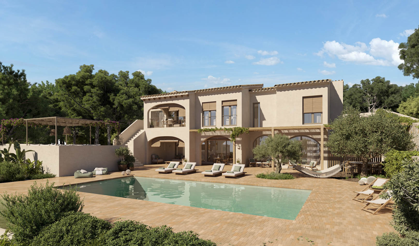 Mediterranean villa exterior featuring a large swimming pool, terracotta-tiled sun deck, integrated olive trees, and a facade with traditional arched porches.