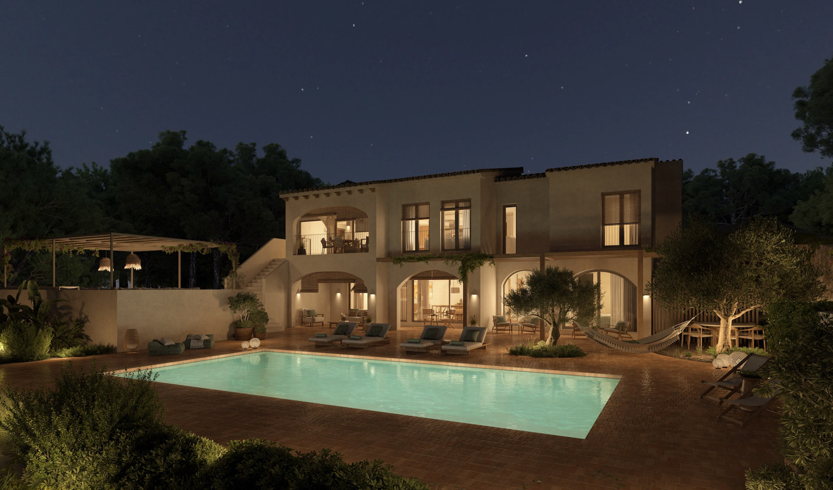 Night view of the villa featuring an illuminated pool, terracotta terrace, and Mediterranean arches. Includes a wooden pergola, outdoor dining area, and olive tree landscaping.