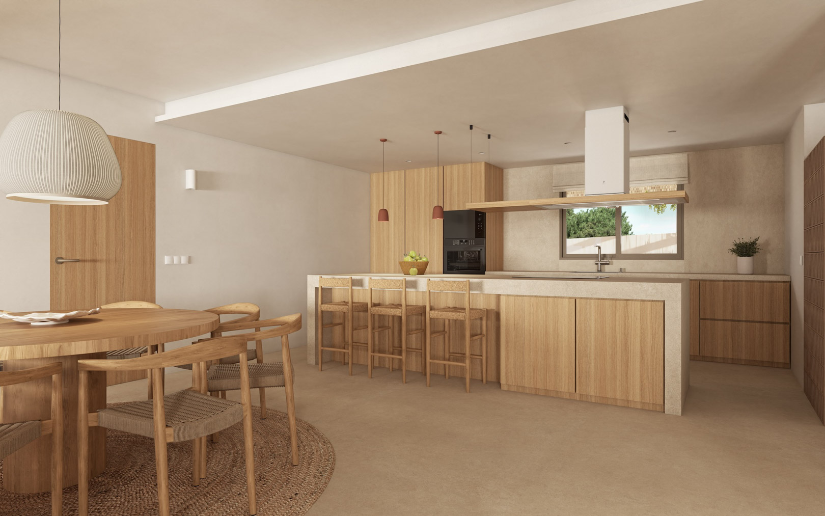 Open-concept kitchen featuring a stone island, natural wood cabinetry, and an integrated dining area with a round wooden table and woven chairs.