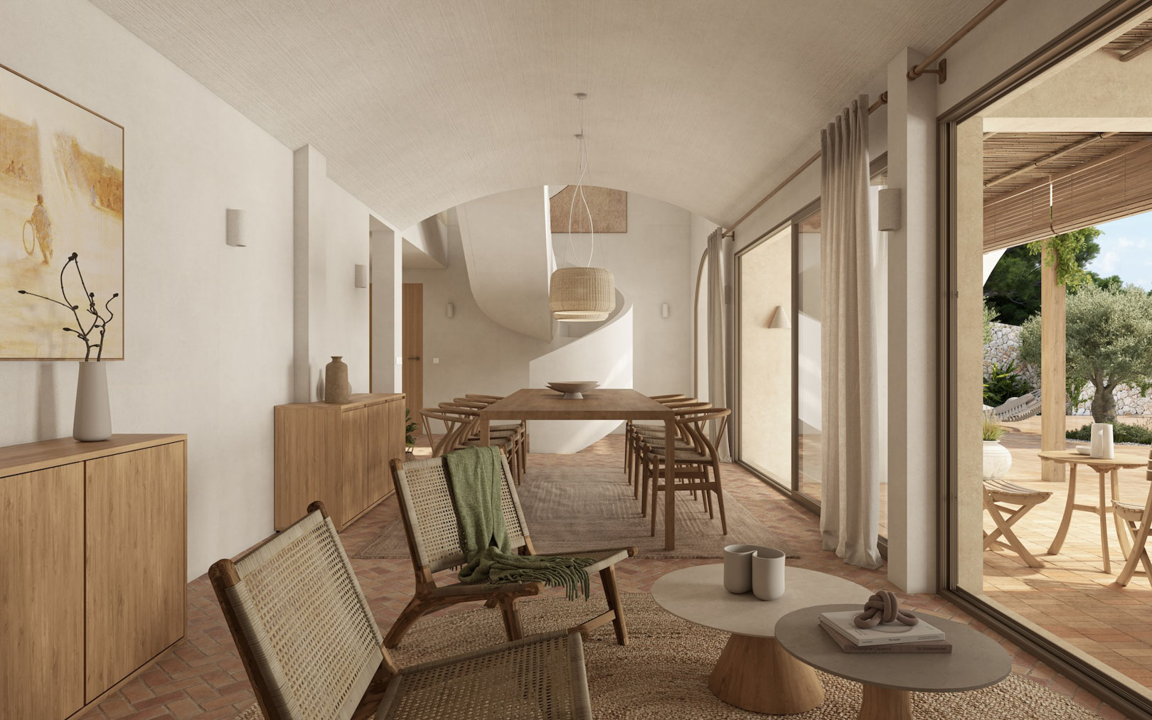 Open-plan living and dining space featuring vaulted ceilings, terracotta floors, and a sculptural spiral staircase. Large sliding doors provide a seamless transition to the terrace.