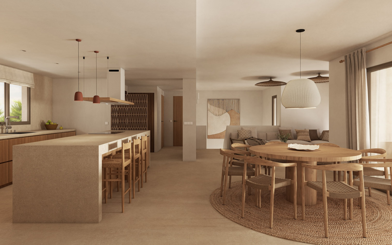 Open-plan living area featuring a stone kitchen island, a circular wooden dining table on a jute rug, and integrated lighting with Mediterranean textures.